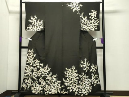 平和屋着物●訪問着　枝桜文　黒地　鬼しぼ縮緬　正絹　逸品　CABD9012gh