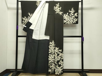 平和屋着物●訪問着　枝桜文　黒地　鬼しぼ縮緬　正絹　逸品　CABD9012gh
