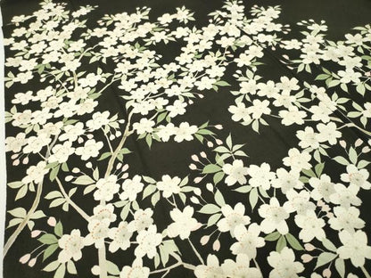 平和屋着物●訪問着　枝桜文　黒地　鬼しぼ縮緬　正絹　逸品　CABD9012gh