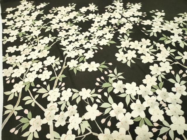 平和屋着物●訪問着　枝桜文　黒地　鬼しぼ縮緬　正絹　逸品　CABD9012gh