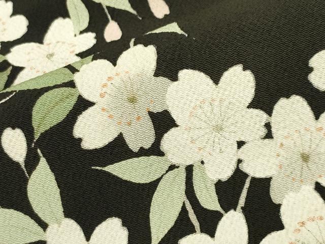 平和屋着物●訪問着　枝桜文　黒地　鬼しぼ縮緬　正絹　逸品　CABD9012gh