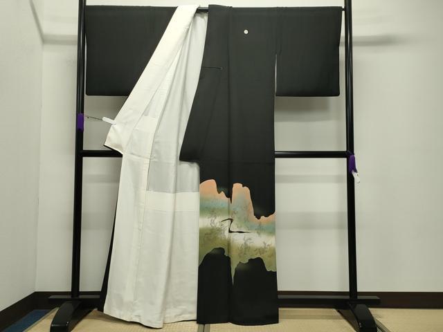 平和屋着物●豪華黒留袖　手描き　鳥獣戯画　暈し染め　金銀彩　正絹　逸品　CABD9013gh