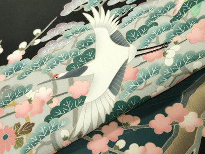 平和屋着物●豪華黒留袖　友禅　作家物　群鶴松竹梅文　暈し染め　正絹　逸品　CABD9014gh