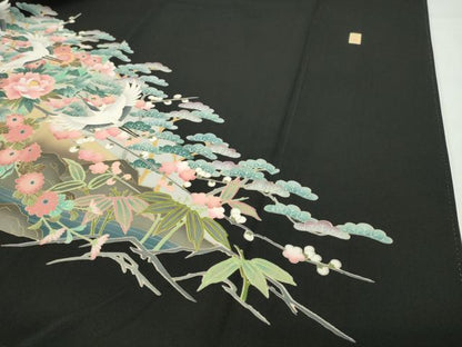 平和屋着物●豪華黒留袖　友禅　作家物　群鶴松竹梅文　暈し染め　正絹　逸品　CABD9014gh