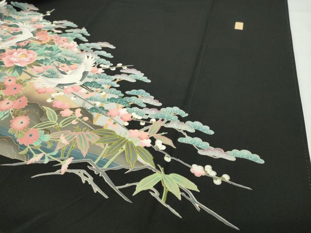 平和屋着物●豪華黒留袖　友禅　作家物　群鶴松竹梅文　暈し染め　正絹　逸品　CABD9014gh