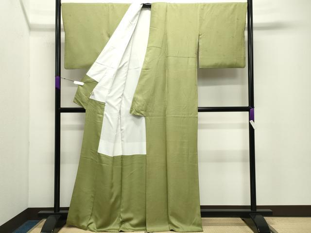 平和屋着物●上質な色無地　草花地紋　鶯色　正絹　逸品　CABD9027gh