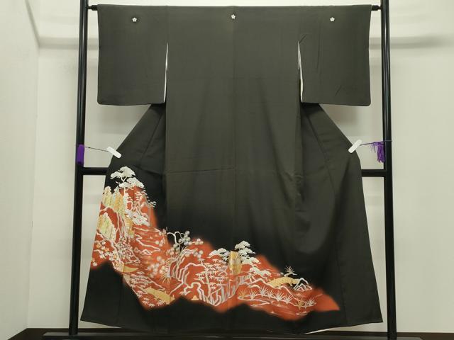 平和屋着物▼豪華黒留袖 駒刺繍 風景松笹文 暈し染め 銀糸 正絹 逸品 CABD9040gh