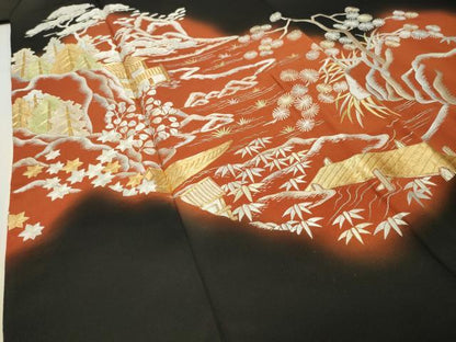 平和屋着物▼豪華黒留袖 駒刺繍 風景松笹文 暈し染め 銀糸 正絹 逸品 CABD9040gh