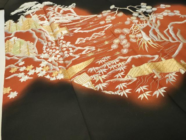 平和屋着物▼豪華黒留袖 駒刺繍 風景松笹文 暈し染め 銀糸 正絹 逸品 CABD9040gh