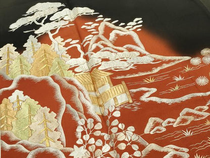 平和屋着物▼豪華黒留袖 駒刺繍 風景松笹文 暈し染め 銀糸 正絹 逸品 CABD9040gh