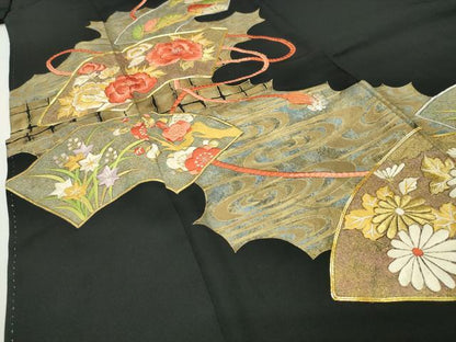 平和屋着物▼豪華黒留袖　駒刺繍　地紙重ね花文　金彩　正絹　逸品　CABD9049gh