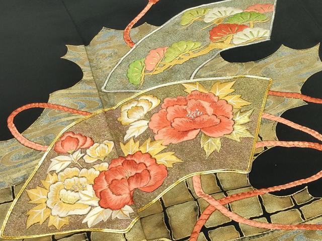 平和屋着物▼豪華黒留袖　駒刺繍　地紙重ね花文　金彩　正絹　逸品　CABD9049gh