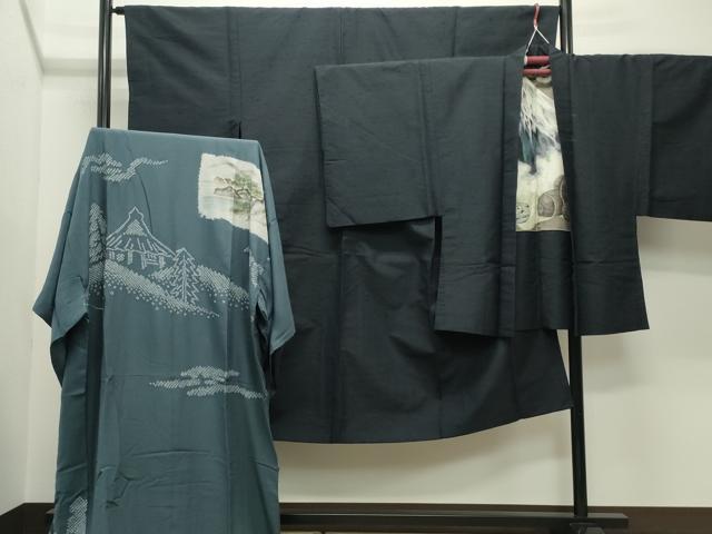 平和屋着物●男性　髭紬　アンサンブル・長襦袢セット　漆黒色　正絹　逸品　CABD9061gh
