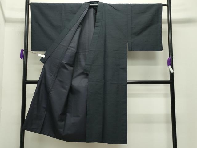 平和屋着物●男性　髭紬　アンサンブル・長襦袢セット　漆黒色　正絹　逸品　CABD9061gh
