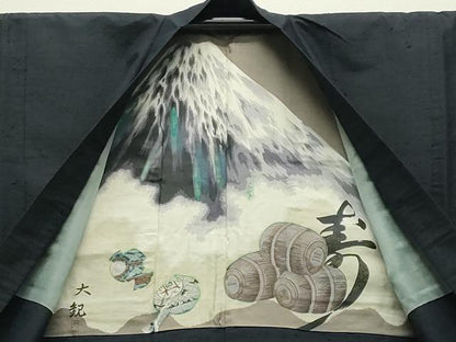 平和屋着物●男性　髭紬　アンサンブル・長襦袢セット　漆黒色　正絹　逸品　CABD9061gh