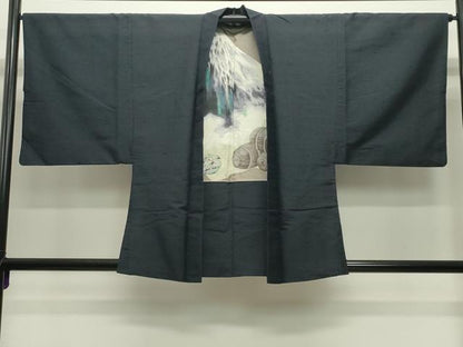 平和屋着物●男性　髭紬　アンサンブル・長襦袢セット　漆黒色　正絹　逸品　CABD9061gh