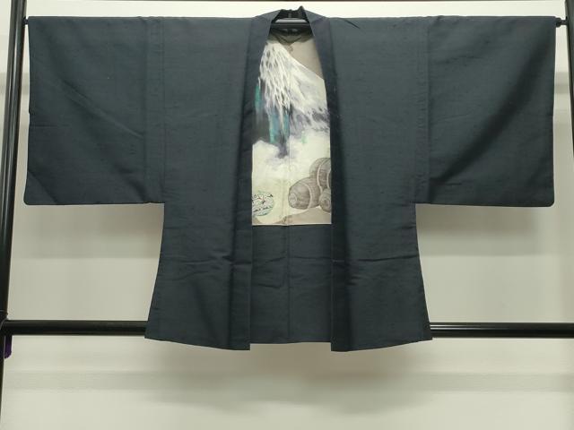 平和屋着物●男性　髭紬　アンサンブル・長襦袢セット　漆黒色　正絹　逸品　CABD9061gh