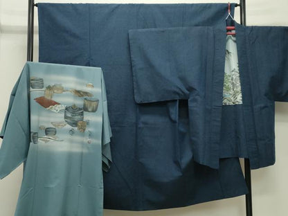 平和屋着物●男性　髭紬　アンサンブル・長襦袢セット　留紺色　正絹　逸品　CABD9062gh