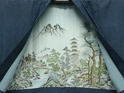平和屋着物●男性　髭紬　アンサンブル・長襦袢セット　留紺色　正絹　逸品　CABD9062gh