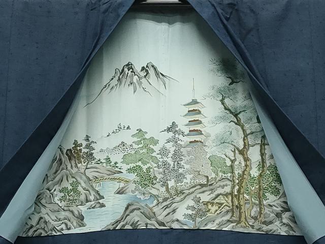 平和屋着物●男性　髭紬　アンサンブル・長襦袢セット　留紺色　正絹　逸品　CABD9062gh