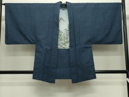 平和屋着物●男性　髭紬　アンサンブル・長襦袢セット　留紺色　正絹　逸品　CABD9062gh