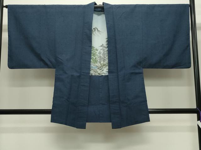 平和屋着物●男性　髭紬　アンサンブル・長襦袢セット　留紺色　正絹　逸品　CABD9062gh