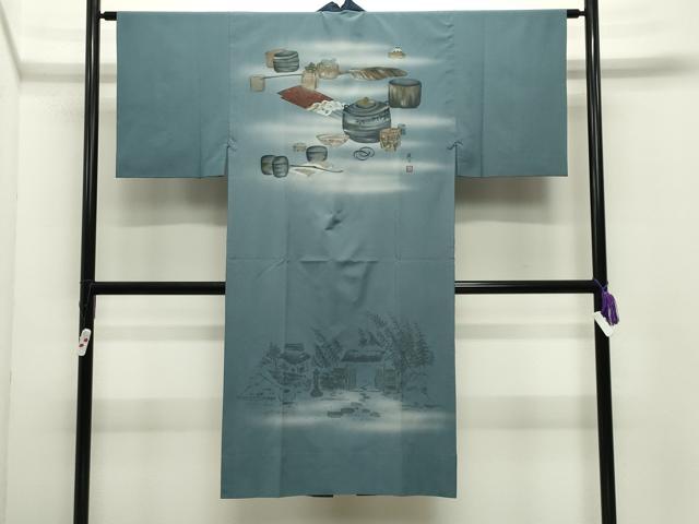 平和屋着物●男性　髭紬　アンサンブル・長襦袢セット　留紺色　正絹　逸品　CABD9062gh