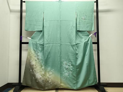 平和屋着物●訪問着　手描き　草花文　暈し染め　金銀彩　反端付き　正絹　逸品　CABD9070gh