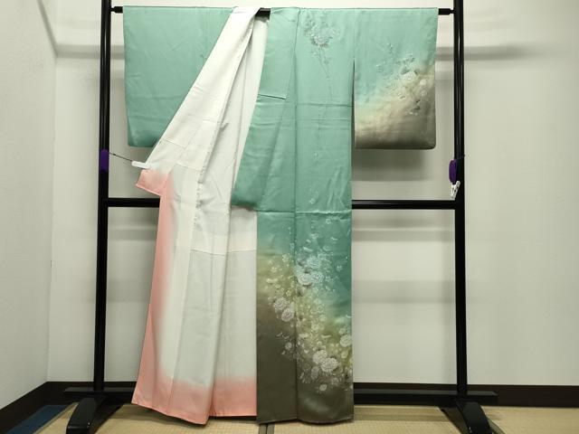 平和屋着物●訪問着　手描き　草花文　暈し染め　金銀彩　反端付き　正絹　逸品　CABD9070gh 平和屋着物○訪問着 手描き 草花文 暈し染め 金銀彩 反端付き 正絹