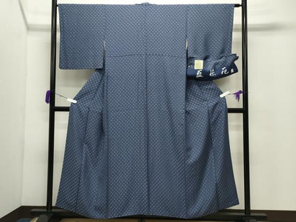平和屋着物●上質なお召　藍染苑　市松文　反端付き　正絹　逸品　CABD9075gh
