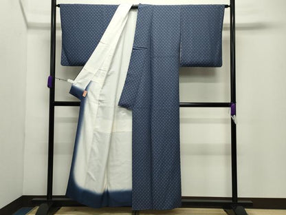 平和屋着物●上質なお召　藍染苑　市松文　反端付き　正絹　逸品　CABD9075gh