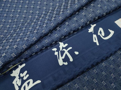 平和屋着物●上質なお召　藍染苑　市松文　反端付き　正絹　逸品　CABD9075gh