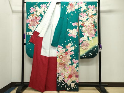 平和屋着物●豪華振袖・長襦袢セット　駒刺繍　舞花文　暈し染め　金彩　銀通し地　半衿刺繍　正絹　逸品　CABD9086gh