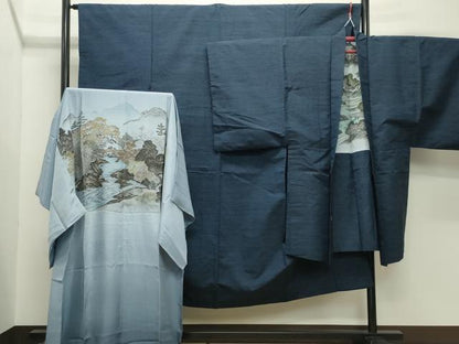 平和屋着物●男性　紬　アンサンブル・長襦袢セット　霞文　正絹　逸品　CABD9088gh