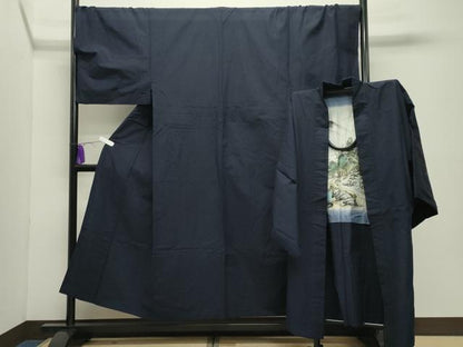 平和屋着物●男性　紬　アンサンブル　色無地　漆黒色　キングサイズ　正絹　逸品　CABD9090gh