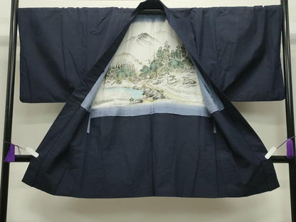 平和屋着物●男性　紬　アンサンブル　色無地　漆黒色　キングサイズ　正絹　逸品　CABD9090gh