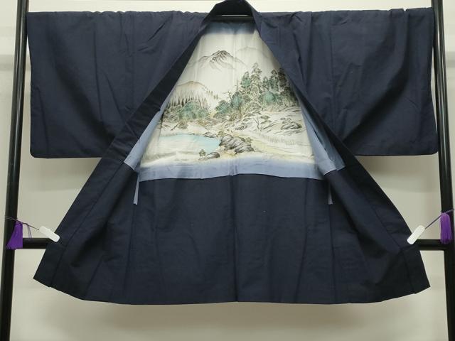 平和屋着物●男性　紬　アンサンブル　色無地　漆黒色　キングサイズ　正絹　逸品　CABD9090gh