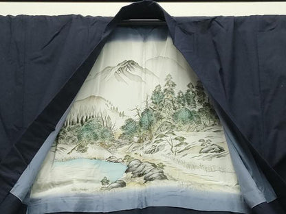 平和屋着物●男性　紬　アンサンブル　色無地　漆黒色　キングサイズ　正絹　逸品　CABD9090gh
