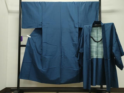 平和屋着物●男性　紬　アンサンブル　網代織り　青藍色　正絹　逸品　CABD9095gh