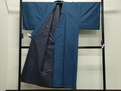 平和屋着物●男性　紬　アンサンブル　網代織り　青藍色　正絹　逸品　CABD9095gh