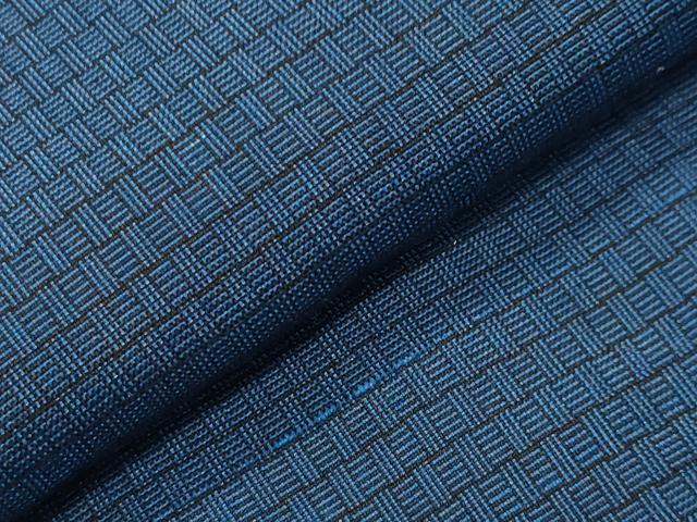 平和屋着物●男性　紬　アンサンブル　網代織り　青藍色　正絹　逸品　CABD9095gh