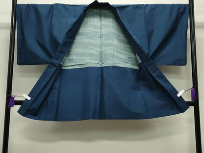平和屋着物●男性　紬　アンサンブル　網代織り　青藍色　正絹　逸品　CABD9095gh