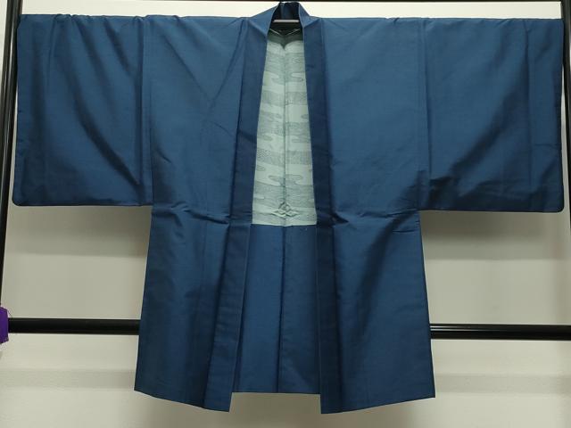 平和屋着物●男性　紬　アンサンブル　網代織り　青藍色　正絹　逸品　CABD9095gh