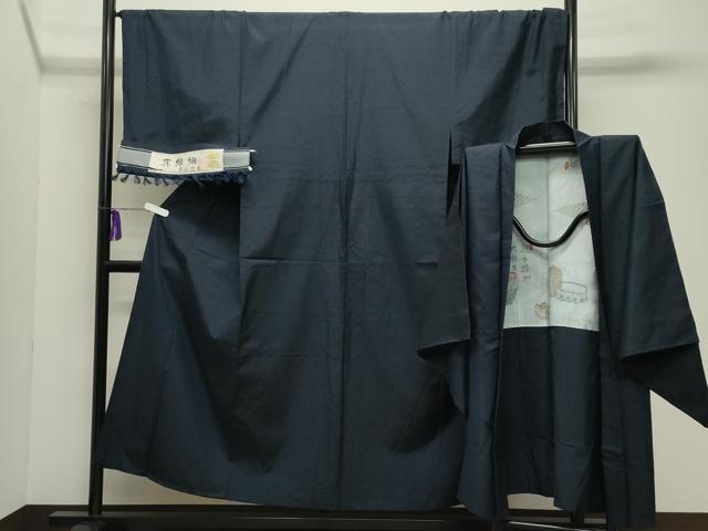 平和屋着物●男性　真綿紬　アンサンブル　漆黒色　猪俣謹製　証紙付き　正絹　逸品　CABD9096gh