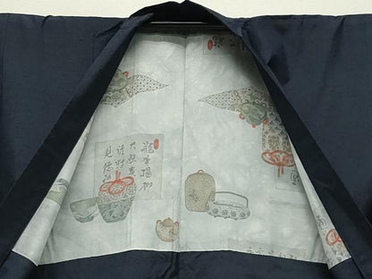 平和屋着物●男性　真綿紬　アンサンブル　漆黒色　猪俣謹製　証紙付き　正絹　逸品　CABD9096gh