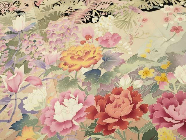 平和屋着物●本加賀友禅作家　村下信吉　黒留袖　鴛鴦花蝶文　正絹　逸品　CABD9097gh 平和屋着物○本加賀友禅作家 村下信吉 黒留袖 鴛鴦花蝶