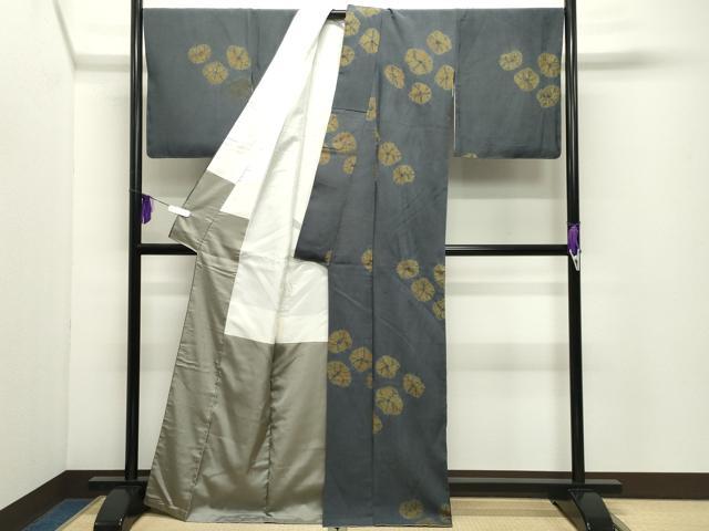 平和屋着物●本真綿紬　桶絞り　舞花文　籠蝋染　反端付き　正絹　逸品　CABD9102gh 平和屋着物○本真綿紬 桶絞り 舞花文 籠蝋染 反端
