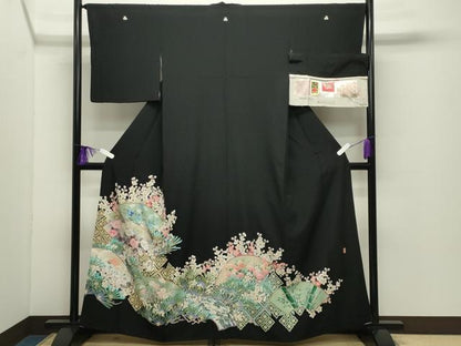 平和屋着物●伝統工芸士　山本富男　黒留袖　京の扇　反端付き　正絹　逸品　CABD9111gh