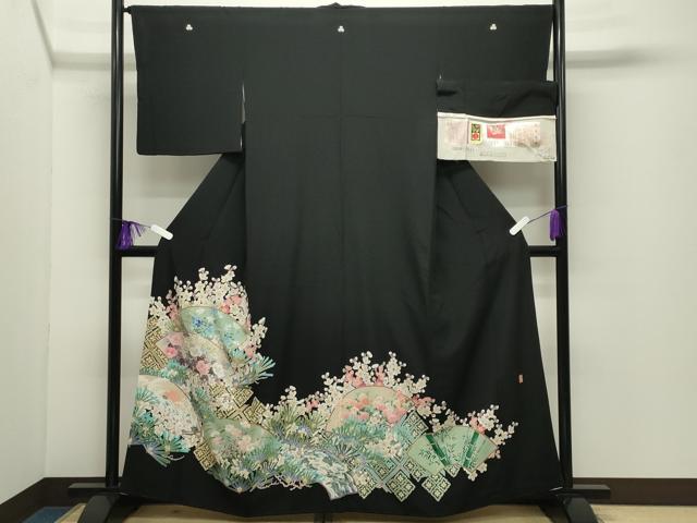 平和屋着物●伝統工芸士　山本富男　黒留袖　京の扇　反端付き　正絹　逸品　CABD9111gh
