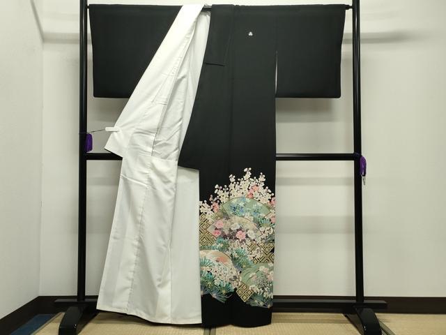 平和屋着物●伝統工芸士　山本富男　黒留袖　京の扇　反端付き　正絹　逸品　CABD9111gh